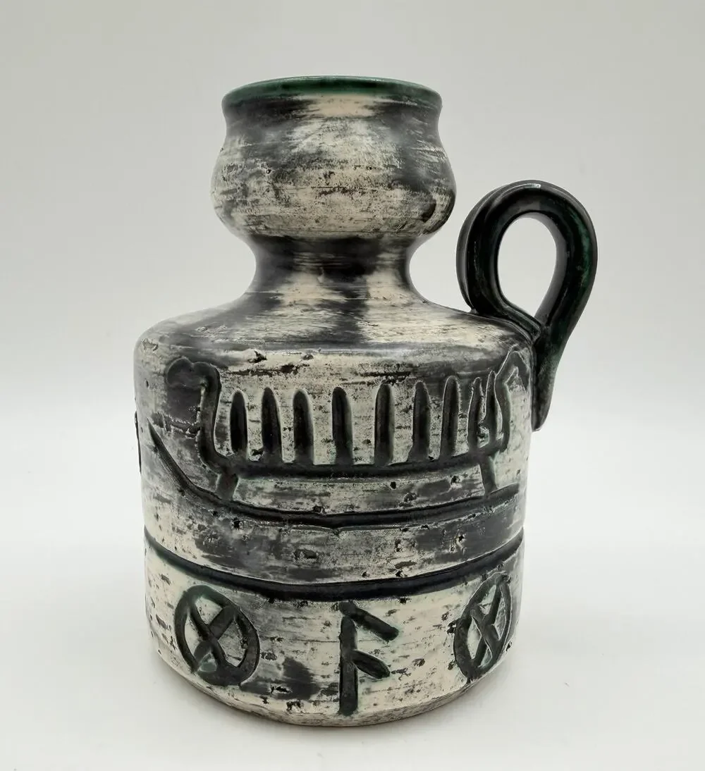 Arol Keramik Pottery Norwegian Saga Jug Vase 5” Viking Ship Rune Motifs Norway